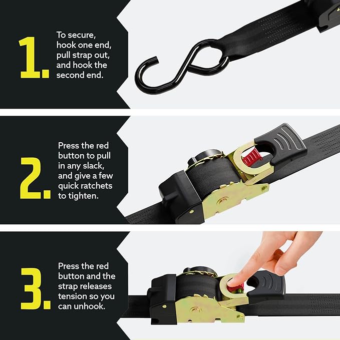 DC Cargo Mall Auto Retractable Ratchet Straps (4-Pack) 1” x 10ft, Heavy Duty, 1,209lb Break Strength – Tie Down Straps for Cargo, Truck, Trailer, Motorcycle, Boat