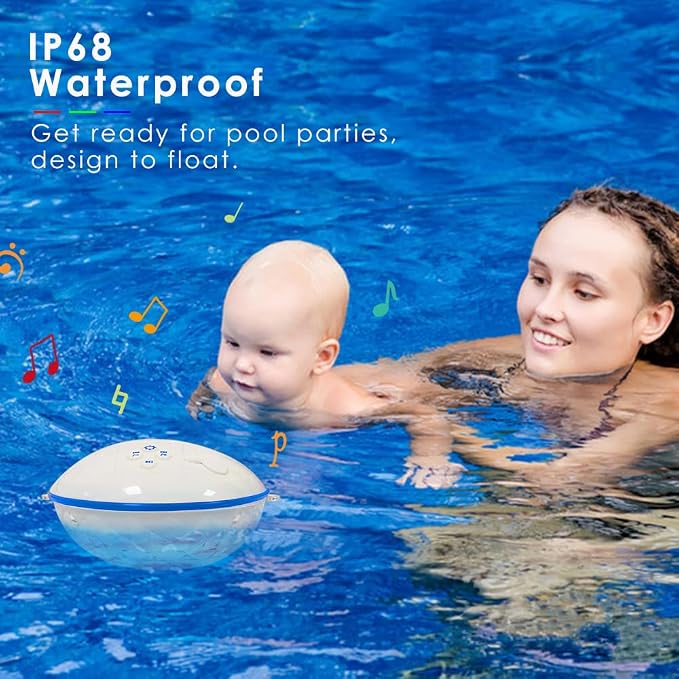 Floating Pool Speaker w/Colorful Lights, Portable Wireless Pool Speaker Bluetooth Waterproof IP68, Built-in Mic & Crystal Clear Sound Floating Hot Tub Speakers for Pools Party Outdoor (White)