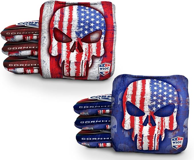 Professional Cornhole Bags Set of 8 Regulation Patriotic Series Resin Filled Pro Bean Bags Dual-Sided Slick and Stick