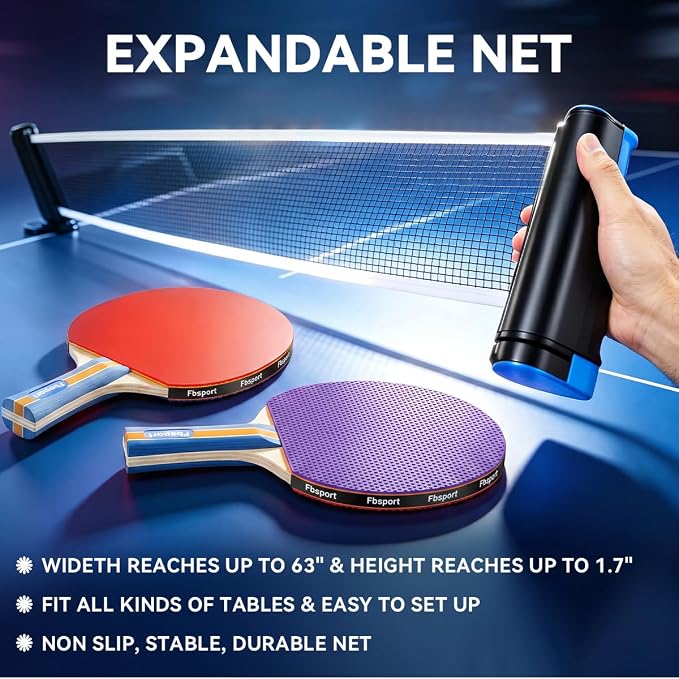 FBSPORT Ping Pong Paddle Set, Table Tennis Set with 4 Rackets and 8 Balls, Retractable Net with Storage Bag - Pingpong Paddle Accessories for Indoor/Outdoor Games