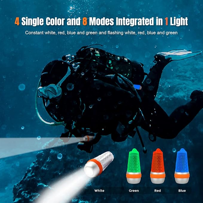 ORCATORCH SD03 Dive Signal Light 4-Color-in-1 (Blue, Red, White, Green) 8 Modes Scuba Diving Beacon with Constant and Flashing Modes, Mini Scuba Tank Marker Light for 100M Underwater Diving