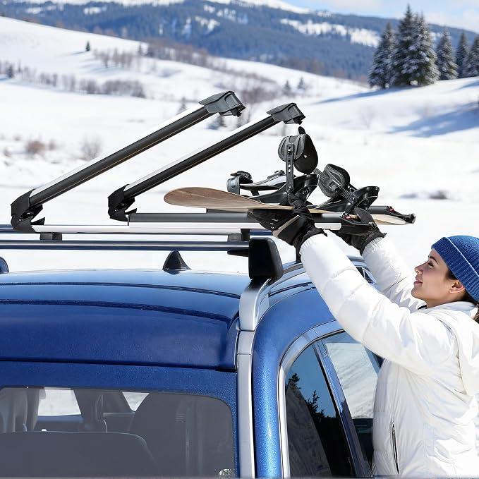 VEVOR Ski & Snowboard Roof Rack, Carry up to 4 Pairs of Skis or 2 Snowboards, 2 PCS Aluminum Universal Car Roof Rack Top Holder with Lock & Rubber Padding, Carrier for Fishing Rod, Fit Most Crossbars