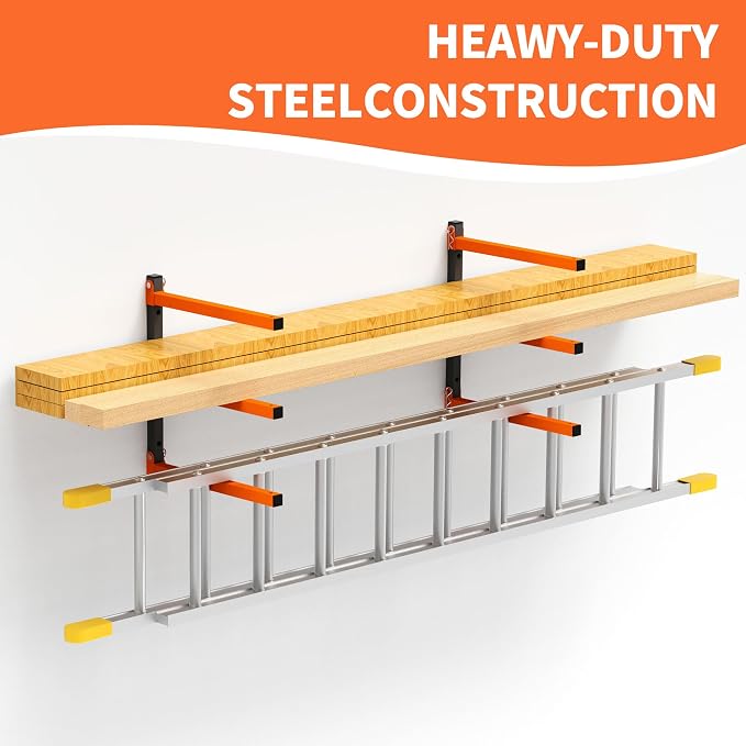 Homydom Heavy Duty Wall Mounted Lumber Storage Rack, 3-Level, 4 Pack Metal Garage Shelving System for Wood, Pipes & Skis, 300 Lbs Capacity Organizer Bracket (Black/Orange)