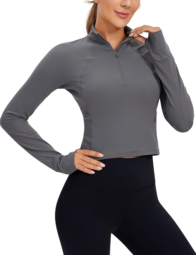 CRZ YOGA Butterluxe Half Zip Long Sleeve Shirts for Women - Workout Athletic Yoga Tops Crop Collared Quarter Zipper T-Shirt