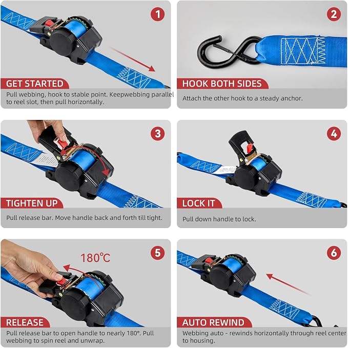 Auto Retractable Ratchet Tie-Down Straps 4500 lbs, 2in × 10ft Self-Retracting Ratchet Straps, Heavy Duty S-Hooks, for Cargo, Trucks & Trailers, Blue, 2 Pack, Damped Rewind