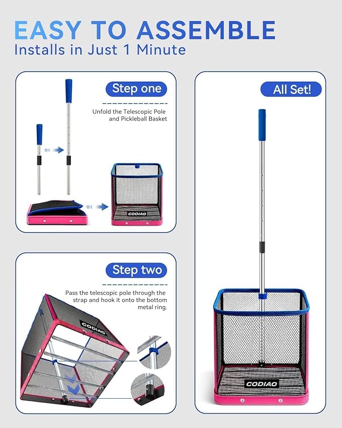 Pickleball Picker Upper 40+ Ball Capacity Hopper Holder, Foldable Basket with Telescopic Stainless Steel Handle, Quick Pickup No Bending Ball Retriever Collector, Portable for Court Training