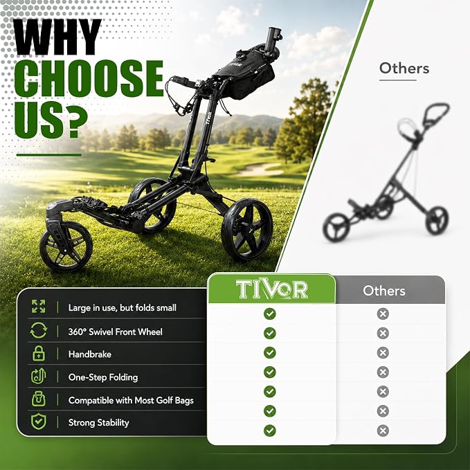 Tivor Golf Push Cart with 360° Front Wheels & Handbrake, 3 Wheel Pull Cart Offers One-Click Folding and All-Terrain Mobility