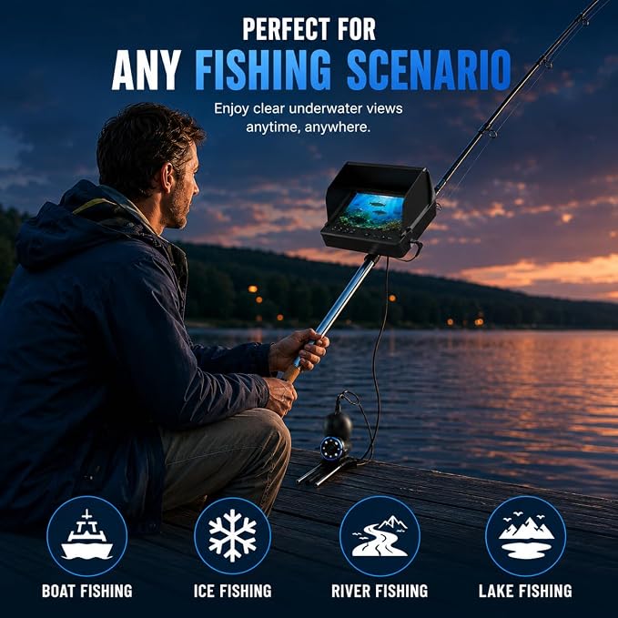Underwater Fishing Camera with 1080P IPS Screen, Waterproof 220°Ultra-Wide Infrared Night Vision Lens, 98ft Cable for Ice, Lake, Boat, Kayak Fishing