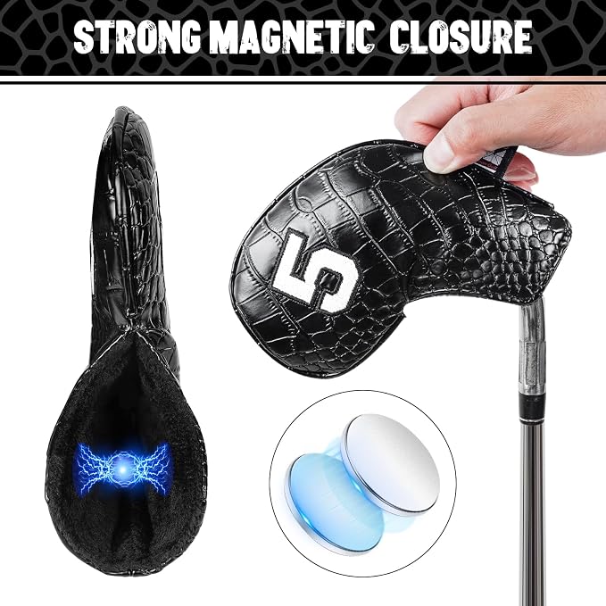 Craftsman Golf 11pcs/Set Crocodile Pattern Iron Covers Headcovers Set Magnetic Closure for Left and Right Handed Golfer