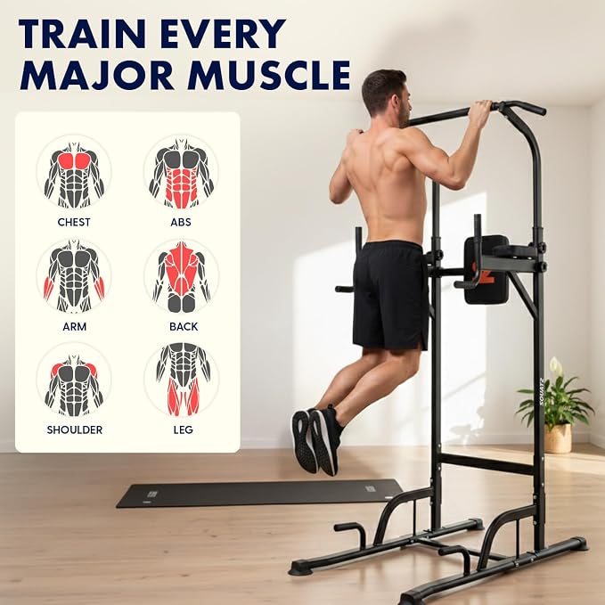 SQUATZ Power Tower Pull Up Station with Free Standing Pull Up Bar, Multi-Grip Workout Frame with 6 Adjustable Heights, H-Base Stability, Steel Construction, 330 lb Capacity for Home Gym, Black