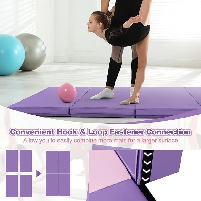 Goplus Gymnastics Mat, Folding Tumbling Mat with Carry Handles, Hook & Loop Fasteners, 4 Panels for Fitness Exercise Yoga Stretching Aerobics Workouts, Thick Gym Mats for Home