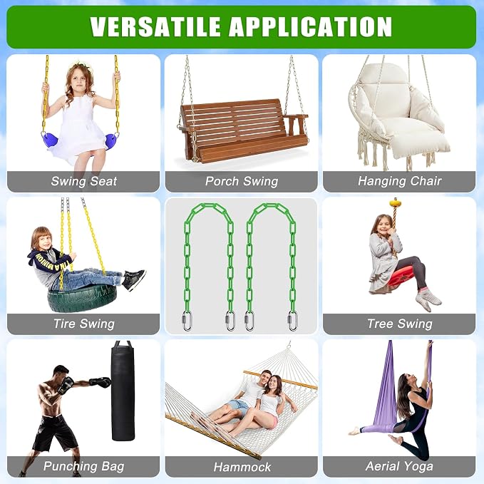 SELEWARE 2 Pack 60 Inch Hanging Swing Chain with 4 Carabiners, 1000LB Capacity Plastic Coated Hanging Chains, Hammock Hardware Kit for Swing, Hanging Chair, Punching Bags, Indoor Outdoor Gym (Green)