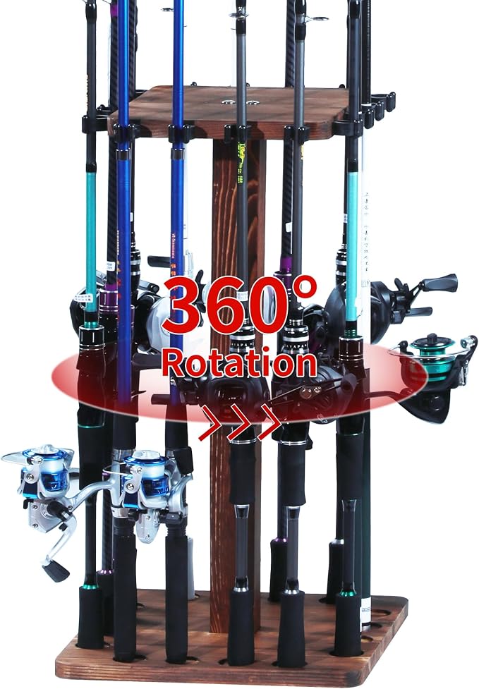 360° Rotating Fishing Rod Holder, Natural Wooden Fishing Pole Rack Stores 16 Rods, Floor-Standing Fishing Rod Storage Organizer with Rounded Clips for Garage, Basement, or Shed, Easy to Install