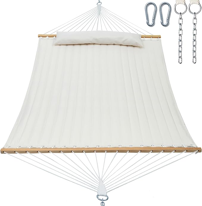 GAFETE Hammock 2 Person Quilted Fabric Hammocks for Outside, Double 12ft Hammocks with Spreader Bar, Large Removable Pillow, Storage Bag, Carabiners, Max 475 lbs Capacity (Dune Beige)