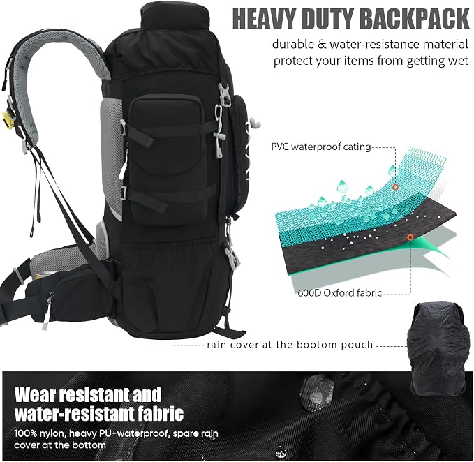 Bseash 70L (65+5) Waterproof Hiking Camping Backpack with Rain Cover, Outdoor Sport Travel Daypack for Climbing Touring (Black)