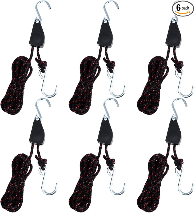 6 Pack Kayak Rope Tie Downs Ratchet Straps, 1/4" x 11.8ft Kayak-Ratchet-Ties Downs Canoe Bow and Stern Ties Down Straps, Heavy Duty Adjustable Rope Clip Tie Down Kayak and Canoe Accessories