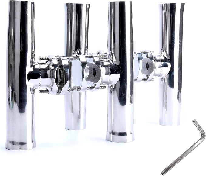 Amarine Made 4 Pcs Fishing Rod Holder, Stainless Tournament Style Clamp on Rod Holder, Rail Mount Fishing Pole Holder for Rails 1-1/4" to 2" Gimbal Pin at Bottom