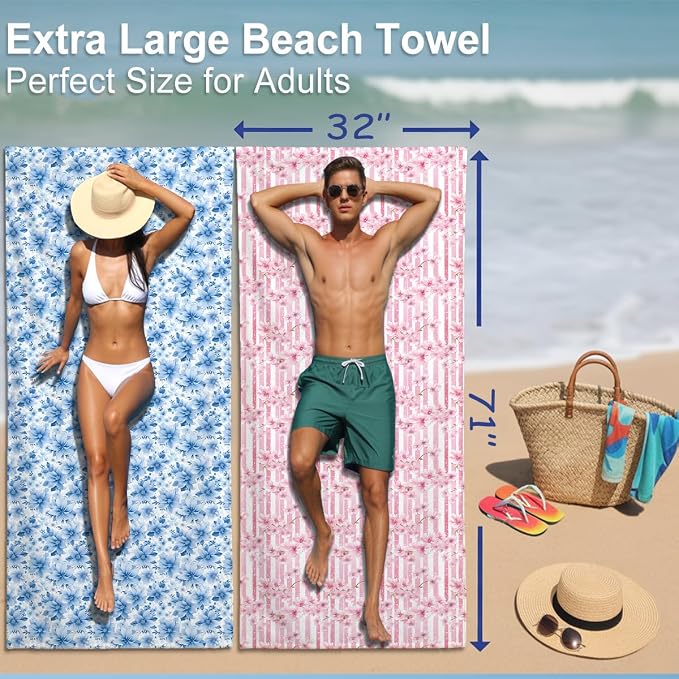 2 Pcs Microfiber Beach Towel Sand Free Quick Dry Oversized Pink Floral Cherry Blossom Shabby Chic Style Lightweight Bath Towels for Pool Travel Swim Yoga 71 x 32 Inches