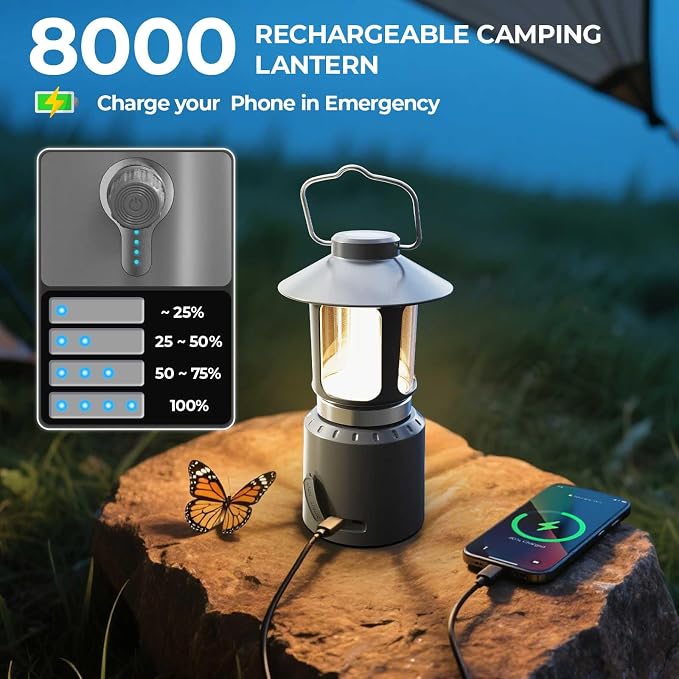 LED Camping Lantern, 8000mAh Telescopic Vintage Rechargeable Lantern, Dual Light Source & 3 Light Modes (2000K-6500K), 360° Lighting Emergency Lights for Camping, Home Power Outage, Hurricane, Hiking