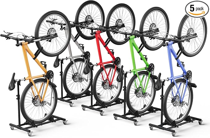 Vertical Bike Stand, (5 Pack) Space Saving Indoor Bicycle Storage Rack with Wheels for Garage & Apartment, Freestanding adjustable Holder Fits Most Road, Mountain & Hybrid Bikes up to 29"