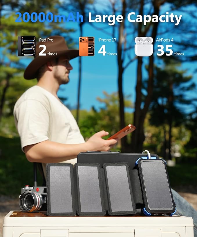 Solar Power Bank 20000mAh with 4 Panels, Portable Solar Charger with Build-in 3 Cables for iPhone, USB C in/Output 15W Fast Charging External Battery Pack with Flashlight & Camping Light