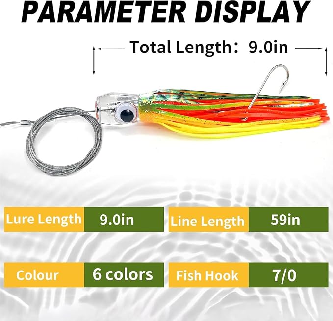 YOTO Trolling Lure Saltwater,6.5/9 inch 6 pcs Squid Skirted Deep Sea Fishing Lure kit,Tuna,Marlin,Wahoo,Shark,Mahi Trolling Fishing Lures