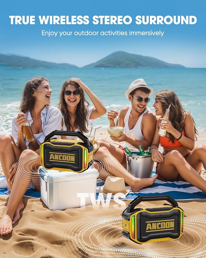 ANCOON Speakers Bluetooth Wireless: 80W(Peak) Loud Speaker with Bass, 20H Playtime, IPX6 Waterproof, Large Jobsite Speakers for Work, Outdoor, Workshop, Garage, Portable Speaker with TWS (Yellow)