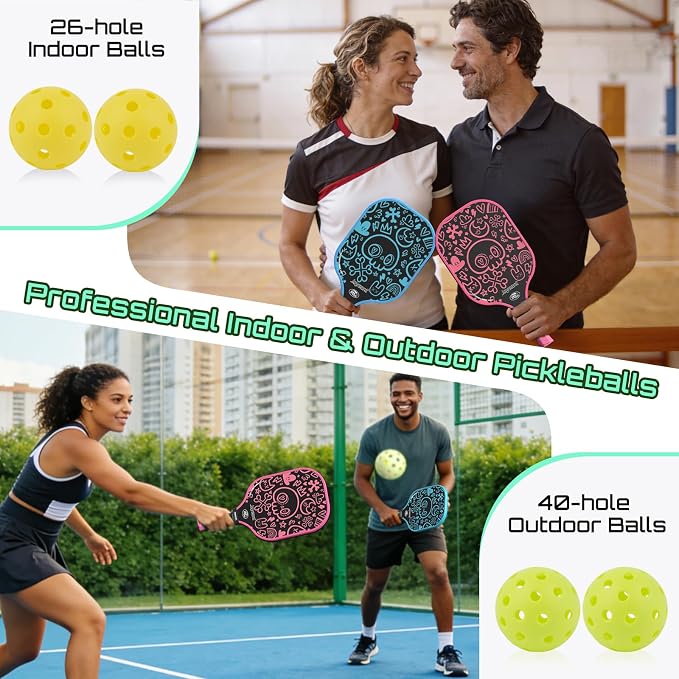 Pickleball Paddles Set, USAPA Approved Carbon Fiber Pickleball Set of 2 with Beginner Pickleball Rackets, Indoor Outdoor Pickle Balls for Adults Men Women, JT-1