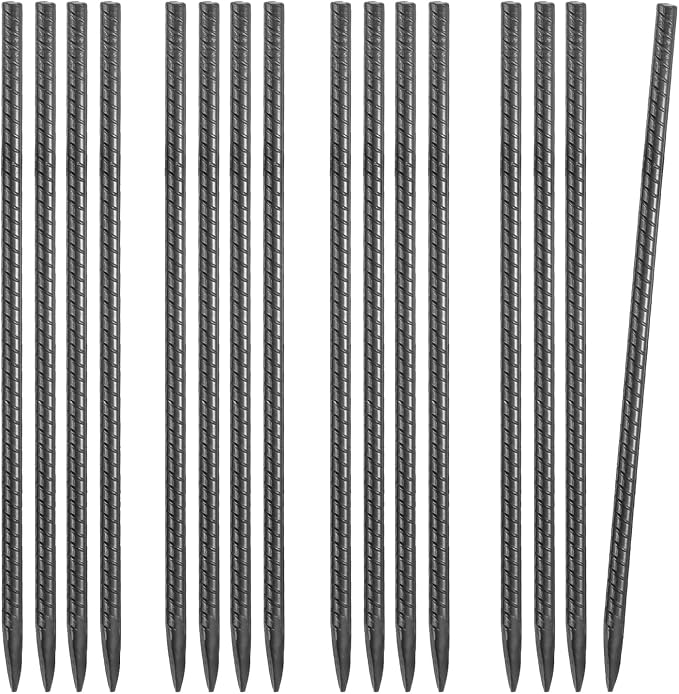 VEVOR Rebar Stakes, 16-Inch, Heavy-Duty 0.45 in Diameter, Straight Galvanized Steel Ground Anchors with Chisel Point End & Rust-Resistant Coating, for Gardening Support, Fence, Camping Tents (16-Pack)