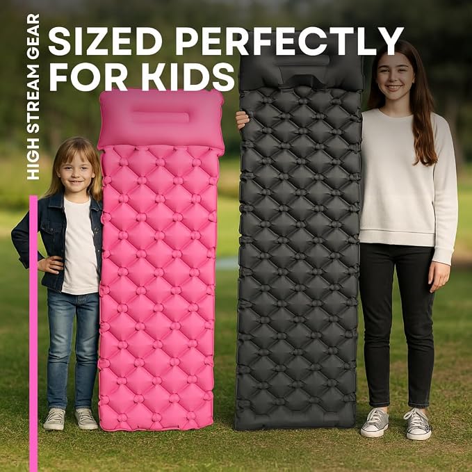 Kids Sleeping Pad for Camping and Sleepovers with Pillow, Inflatable Camping Mattress for Backpacking & Travel, Thick Toddler Cot Mat, Fast Inflating Camping Sleeping Pads for Kids