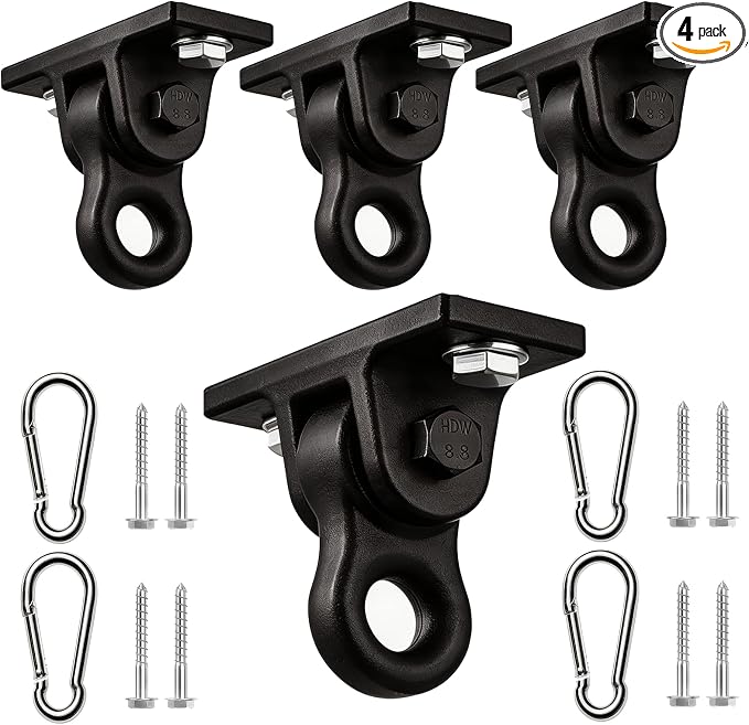 Heavy Duty Swing Hangers for Porch Wooden Sets Playground, 5000 lb Anti-Rust Aluminum Alloy Swing Hooks with Double Bearings Smooth Silent Rotation, Indoor Outdoor Hardware Kit Black 4 Pack