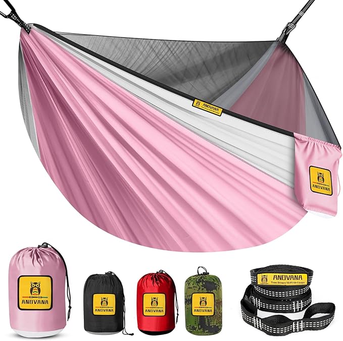 Kids Camping Hammock with Mosquito Net, 450 lbs Portable Hammock with Tree Straps, 2-in-1 Double/Single Travel Hammocks for Children, Hammock for Outside/Indoor/Backpacking/Beach - Pink & White