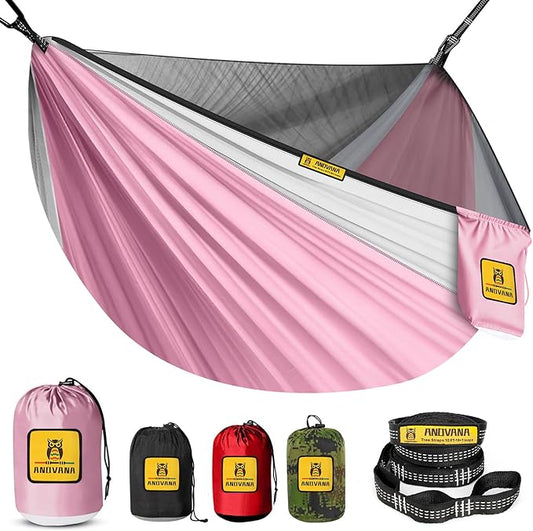 Kids Camping Hammock with Mosquito Net, 450 lbs Portable Hammock with Tree Straps, 2-in-1 Double/Single Travel Hammocks for Children, Hammock for Outside/Indoor/Backpacking/Beach - Pink & White