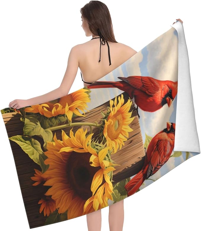 Cute Bird Beach Towel,32x52in,Quick-Dry Sand-Free Bath Towels,Microfiber Lightweight for Travel Pool Yoga Beach Outdoor Activities Decor Accessories Gifts (Red Cardinal Sunflower)