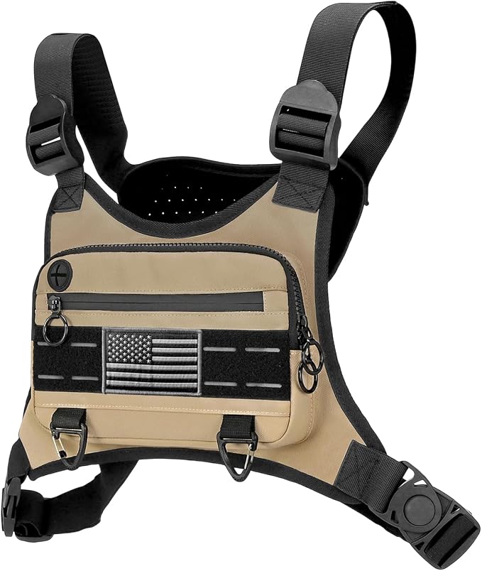 Muserise Sports Chest Bag For Men Women, Water Resistant Lightweight Front Chest Pack, Running Vest Bag With Built-In Phone Holder & Extra Storage For Workouts, Running, Cycling (Khaki)