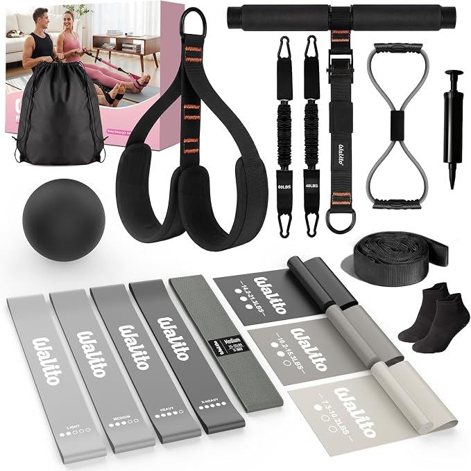 WALITO 15 PCS Pilates Kit, Adjustable Pedal Resistance Band with Handle, Figure 8 Resistance Band for Exercise Women, At Home Workout Equipment Set with Yoga Ball & Booty Bands for Full Body Gym