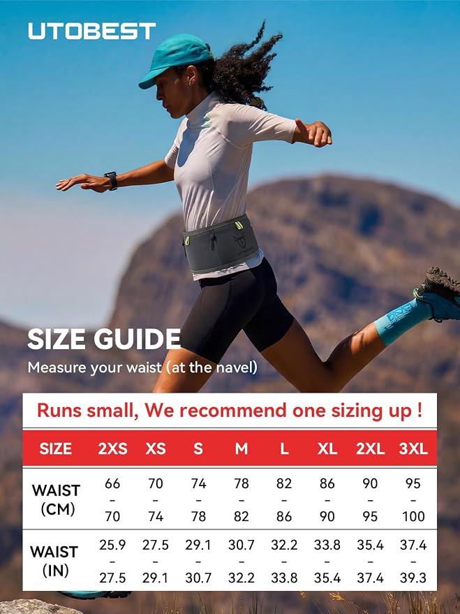 UTOBEST Running Belt for Men & Women, Bounce-Free Running Waist Pack Fits All Phones, 4-Pocket No Zipper Trail Running Belt Fits 500ml Soft Flask, Pole Carry Straps for Race, Trail (B7 Pro-Grey, XS)