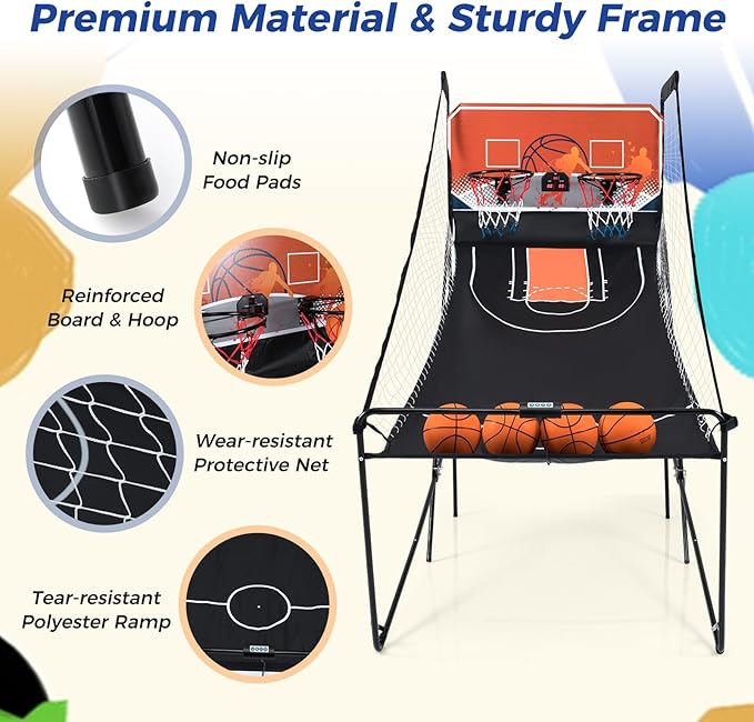 Giantex Arcade Basketball Game Indoor Dual Shot with 8 Game Modes, 4 Balls, 2 Hoops, Air Pump and LCD Scoreboard, Foldable Electronic Basketball Games for Adults and Kids