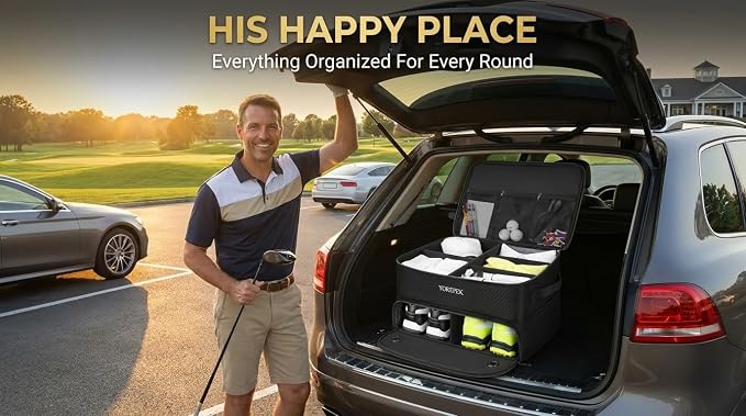 YOREPEK 2 Layer Golf Trunk Organizer, Golf Gifts for Men with Separate Ventilated Compartment for 2 Pair Shoes, Waterproof Car Trunk Locker for Balls, Tees, Clothes, Gloves, Gifts for Golfers