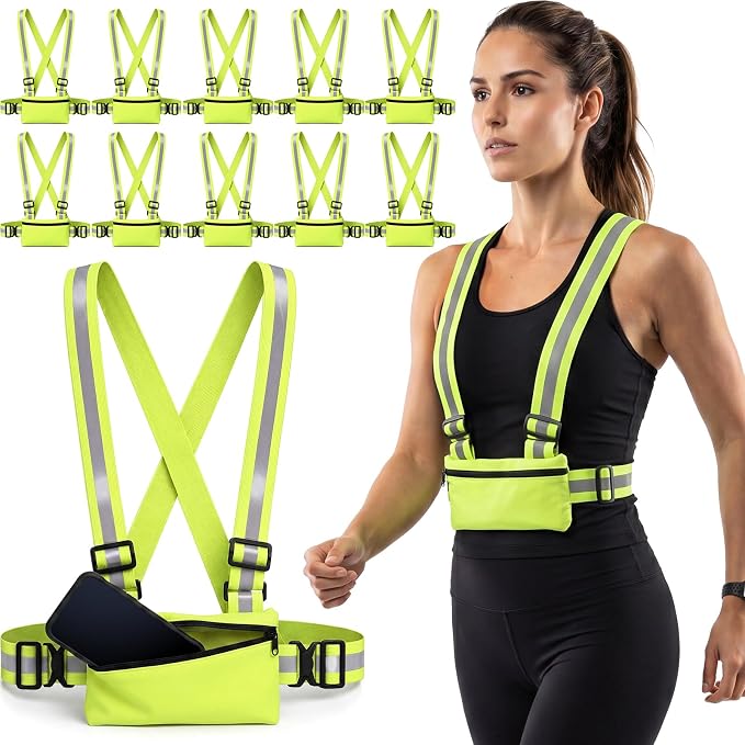 Hercicy 10 Pack Reflective Safety Vest with Zipper Pocket, Adjustable High Visibility Reflective Vest for Adults, Elastic Reflector Straps for Running, Walking, Cycling, Construction, Night Safety