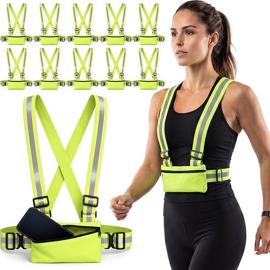 Hercicy 10 Pack Reflective Safety Vest with Zipper Pocket, Adjustable High Visibility Reflective Vest for Adults, Elastic Reflector Straps for Running, Walking, Cycling, Construction, Night Safety