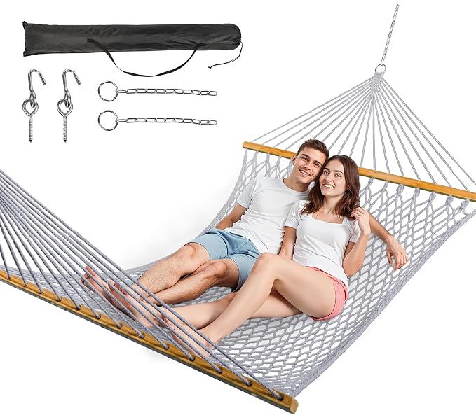 ANAGOO Double Hammock for 2 Person, Handwoven Rope Hammock with Spreader Bar Without Stand - Indoor & Outdoor Use for Patio, Poolside, Backyard (Grey)