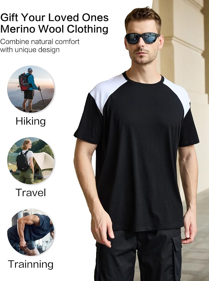 Merino Wool Crewneck T Shirts for Men for Athletic Running Workout, Lightweight Mens Moisture Wicking Shirts