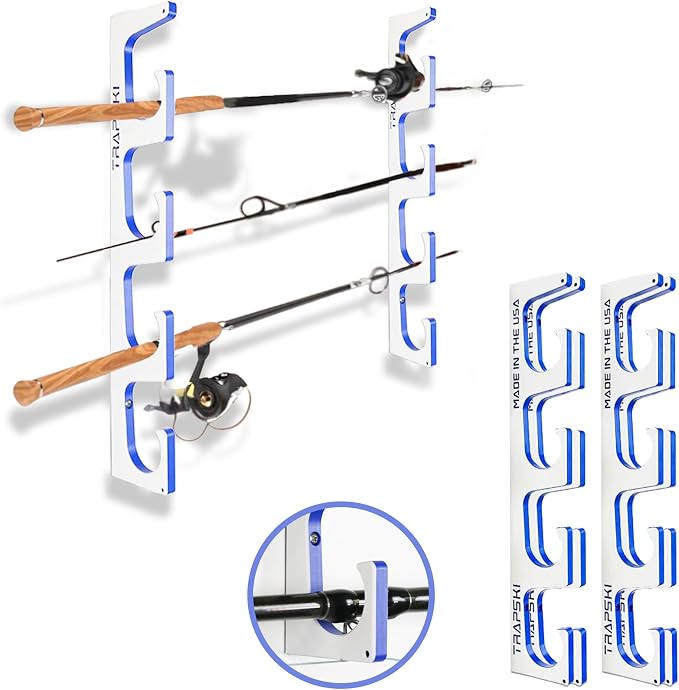 TRAPSKI Made in the USA Premium Fishing Rod/Pole Holder Rack Organizer | Wall or Boat Mounting Fishing Rod Rack | Marine Grade HDPE Plastic | Rod Holder for up to 8 Rods | Stackable - 2 Pack