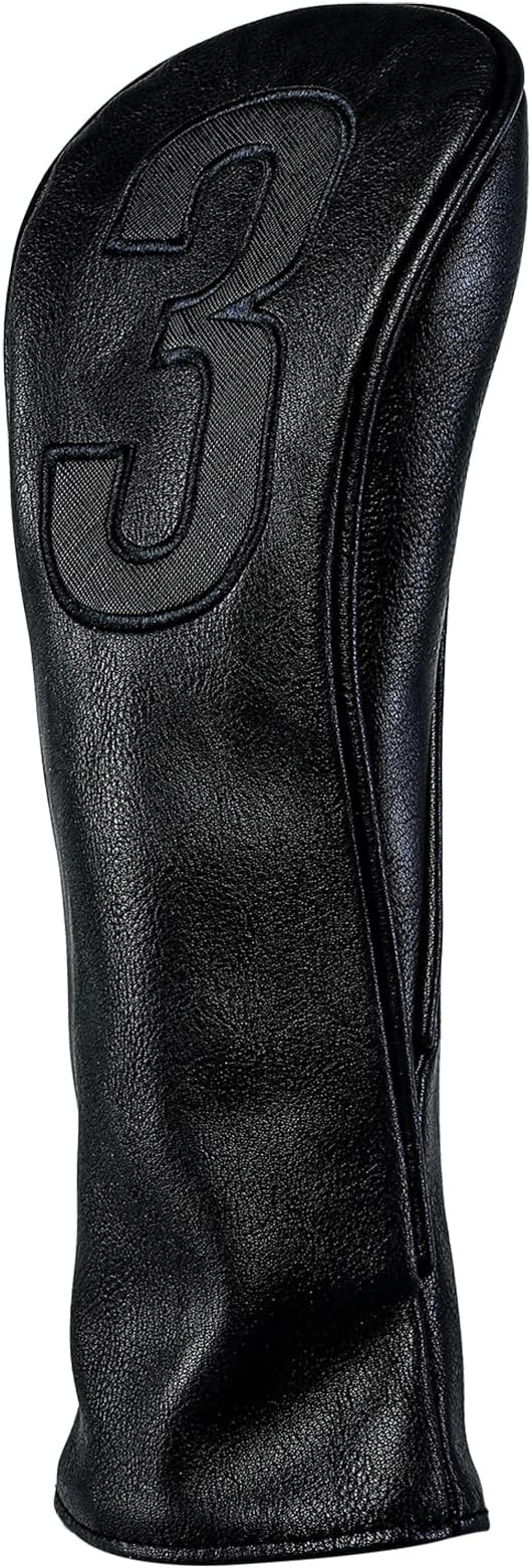 Golf Club Covers – Blackout Leather Driver Headcover, Fairway Wood, 3 Wood, Hybrid, Fits Mallet Blade Putter Head Covers Alignment Stick Cover