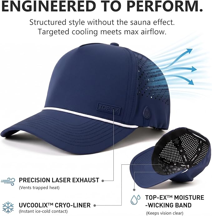 TOP-EX Performance Baseball Hat for Men Water Resistant Golf Cap Running Cooling Snapback Laser Perforated