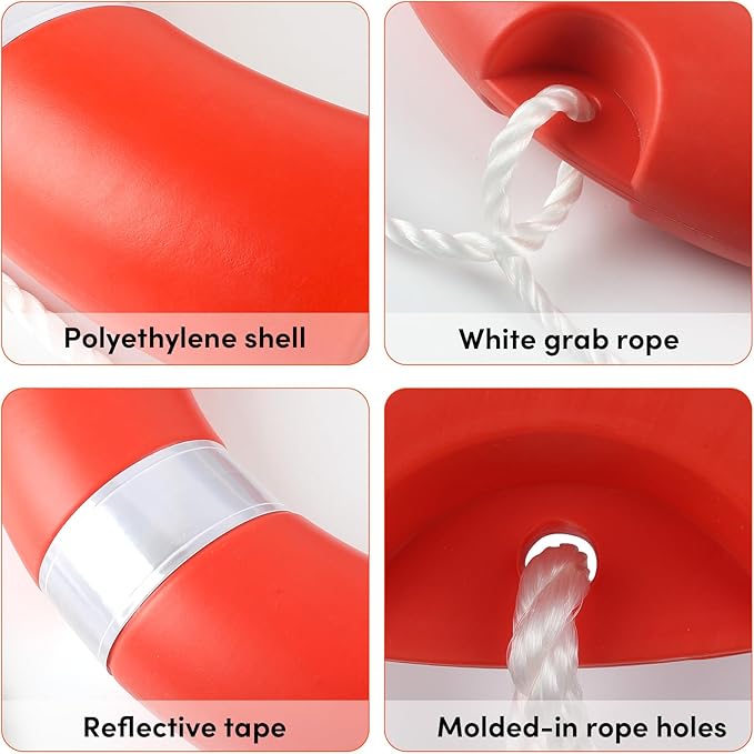 Life Ring 23"/28" Boat Safety Throw Rings with Water Floating Lifesaving Rope Life Preserver Ring Buoy with Reflective Tape & Grab Lines for Rescue Lifesaving - Orange