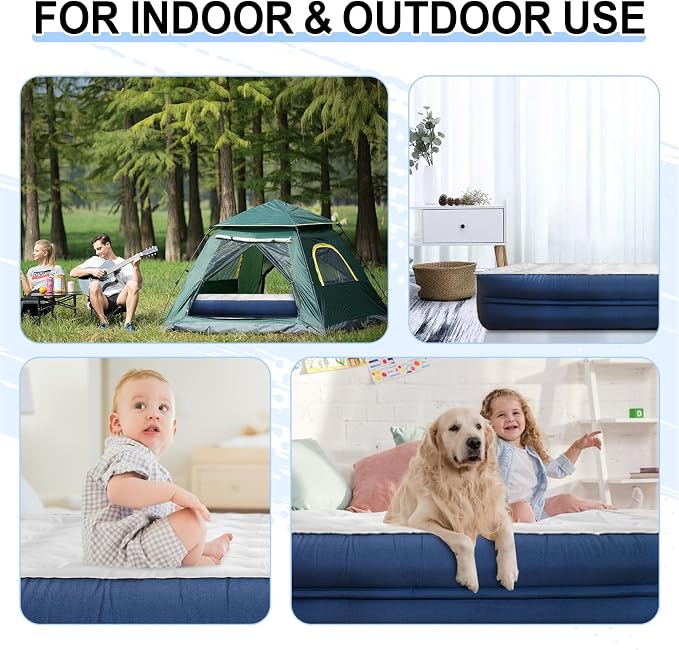 Queen Air Mattress with Built-in Rechargeable Pump, 18" Raised Inflatable Bed for Camping & Guest, 3-Min Fast Inflation, Velvet Top, Thickened Durable Waterproof Fabric(Blue)
