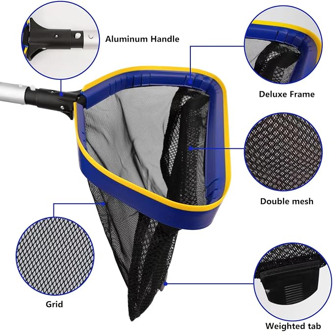 Poolvio Pool Deep Skimmer Net with 3ft - 10ft 1.0mm Thick Adjustable Aluminum Pole & Fine Mesh Bag Leaf Skimmer Rake Net for Above Ground & Inground Swimming Pools, Removes All Debris