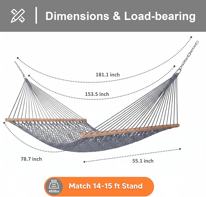 SUNCREAT Outdoor Hammock with Tree Hooks, 2 Person Hammock with Carrying Bag, Gray